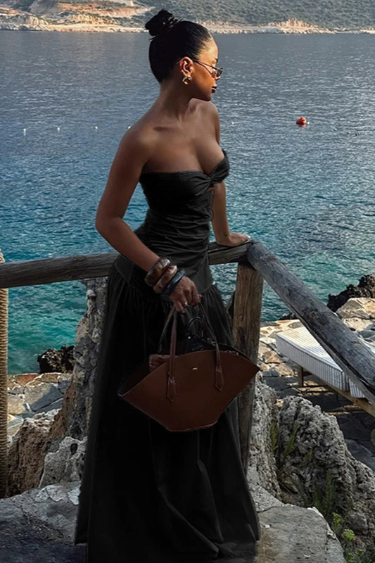 Mesh Strapless Hollow Colorblock Maxi Dress
