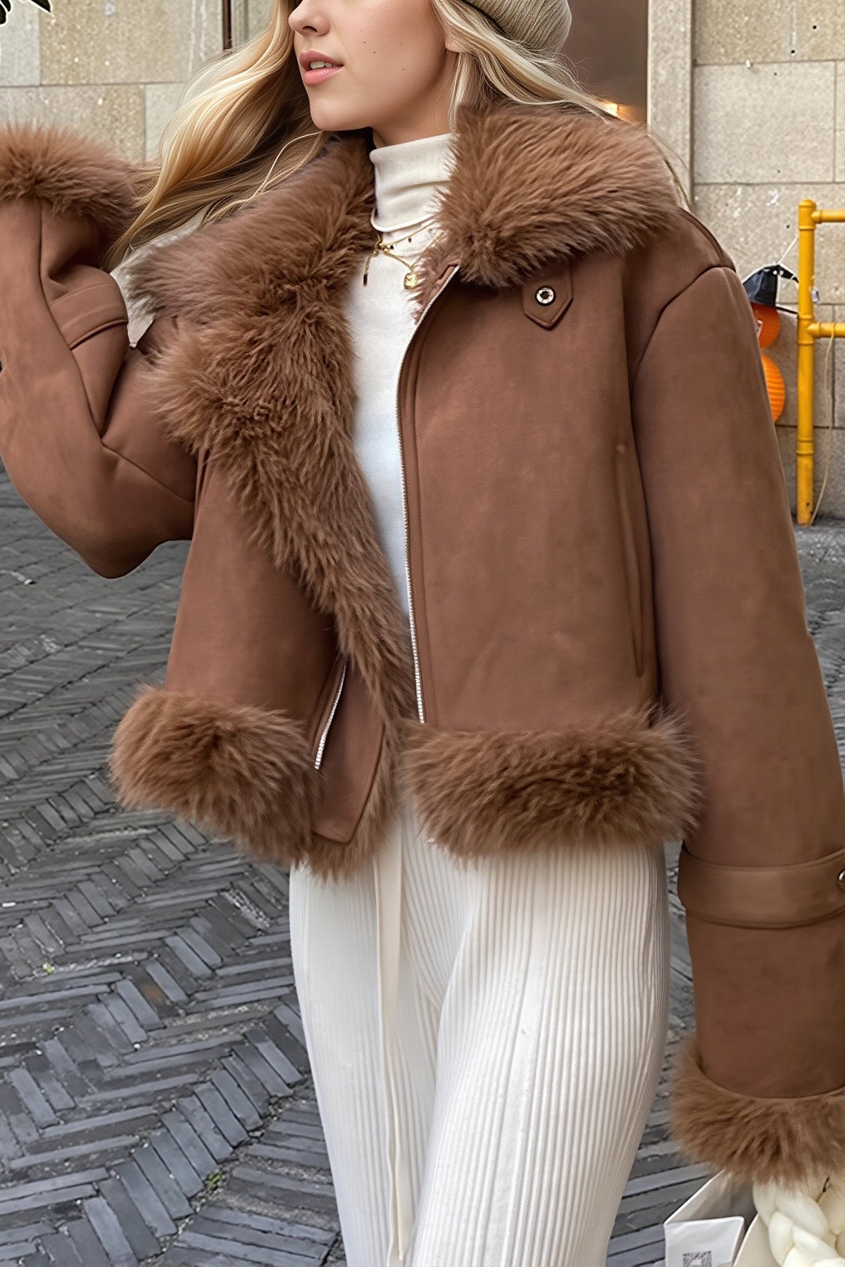 Oversized Fur Collar Suede Look Coat
