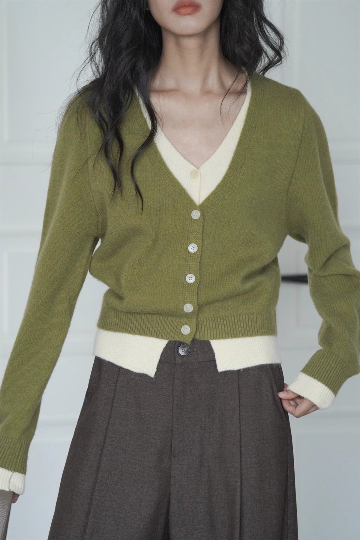 Green Two-Layer Knit Cardigan