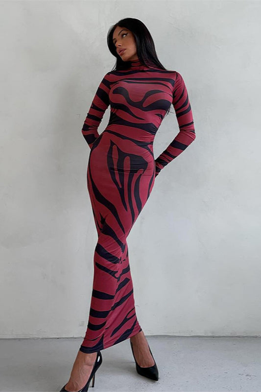 Animal Print Mock Neck Bodycon Maxi Dress