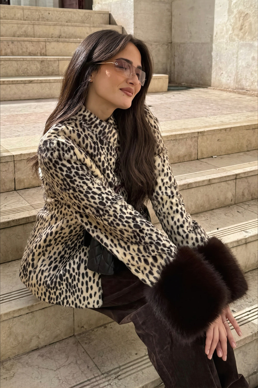Fur Cuff Animal Print Fitted Coat