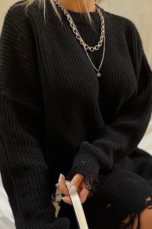Distressed Longline Crew Neck Sweater