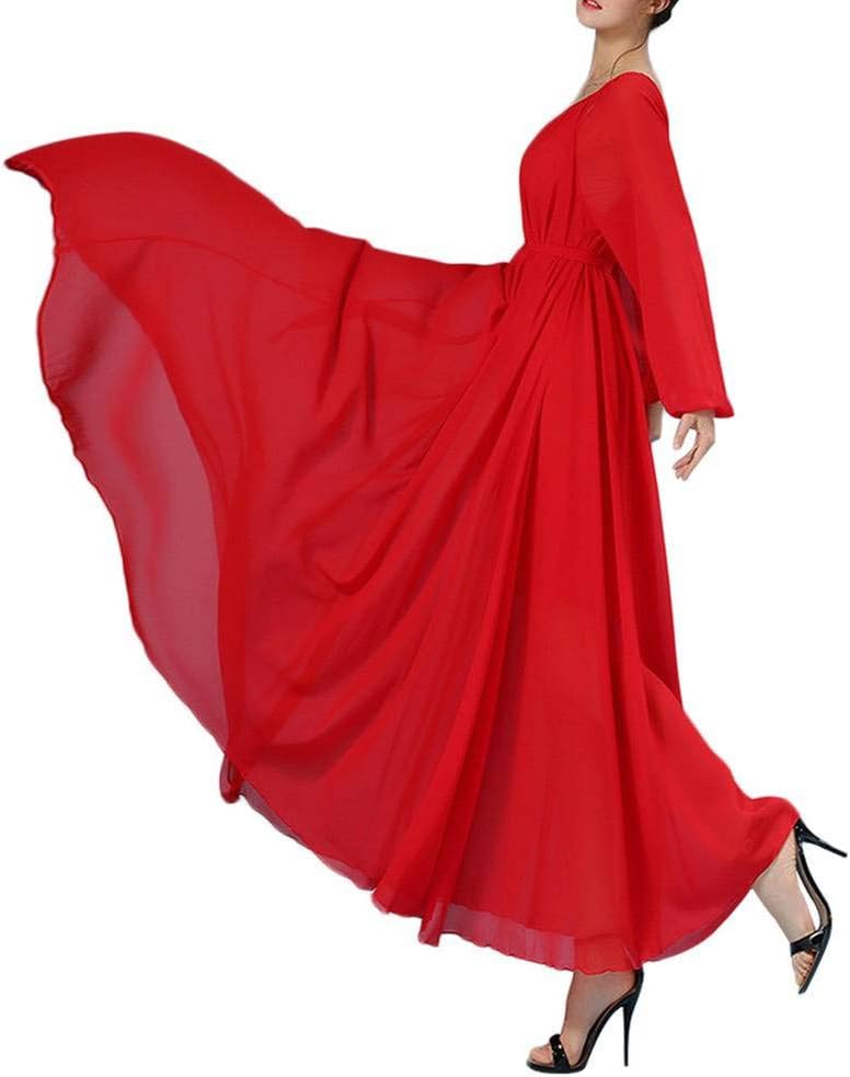 Isabelle Robe Maxi Femme – Robe Longue Chiffon Ceinturée Manches Longues Élégante