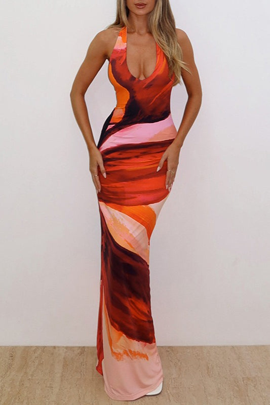 Sexy Floral Print Halter Tie Bodycon Split Maxi Dress