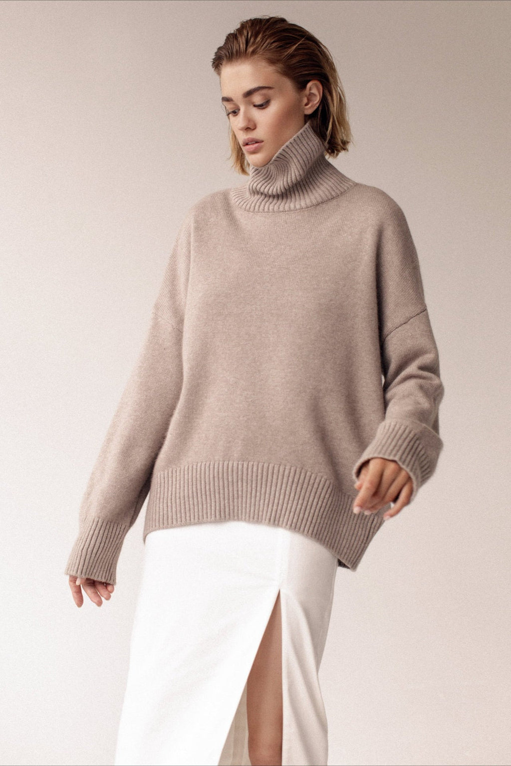 Relaxed Ribbed Turtleneck Knit Sweater