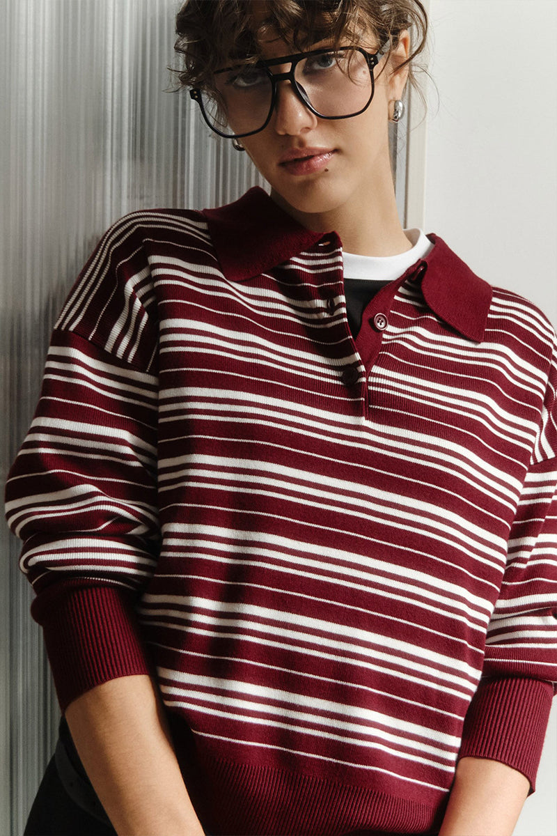 Colorblock Striped Polo Knit Sweater