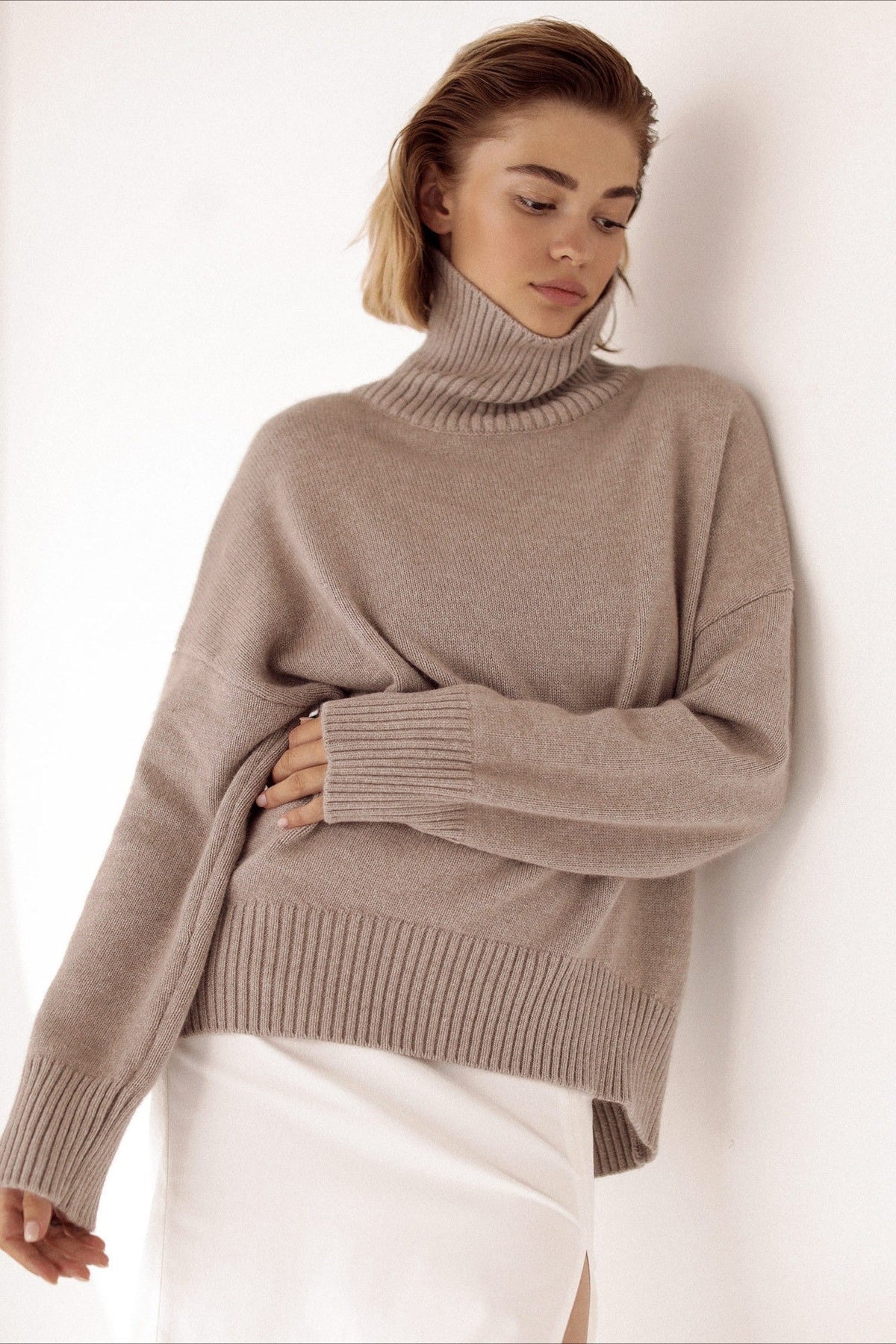 Relaxed Ribbed Turtleneck Knit Sweater