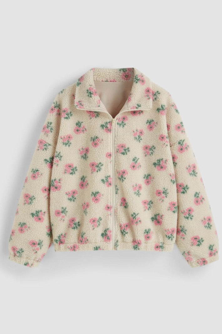 Floral Zip Front Sherpa Fleece Coat