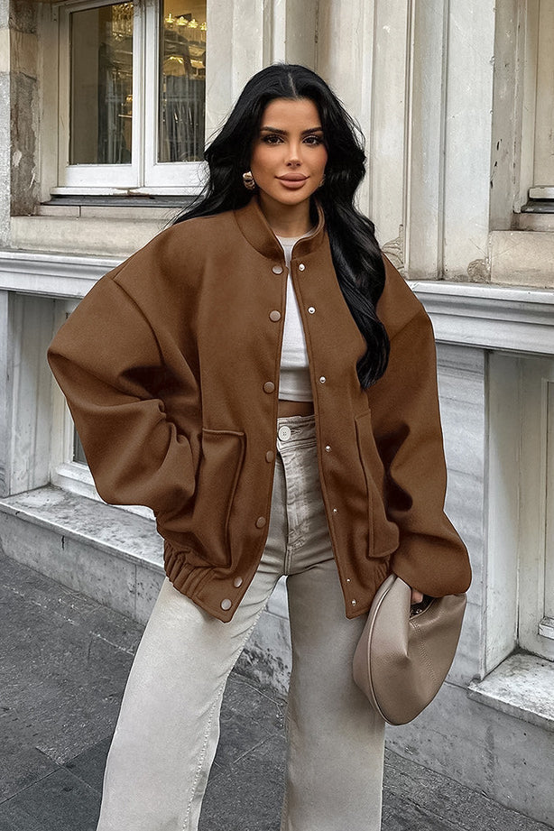 Stand Collar Melange Brown Wool Coat