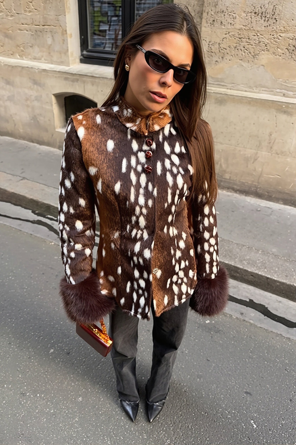 Fur Cuff Animal Print Fitted Coat