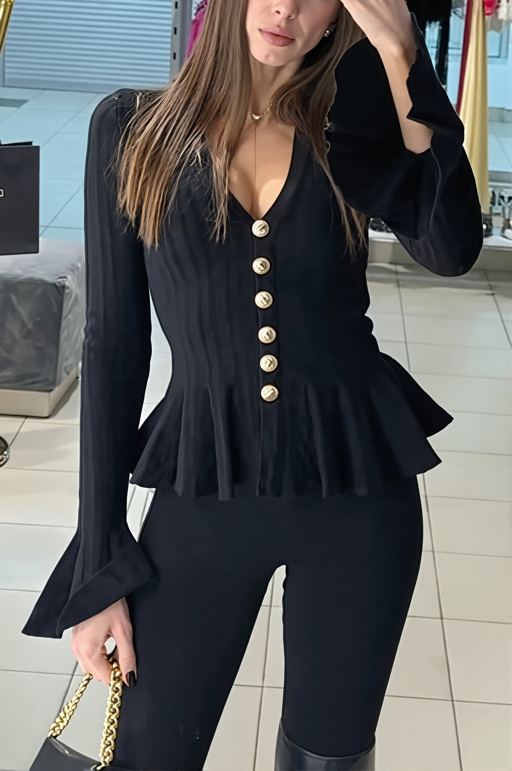Ruffle Hem V Neck Bell Sleeve Cardigan