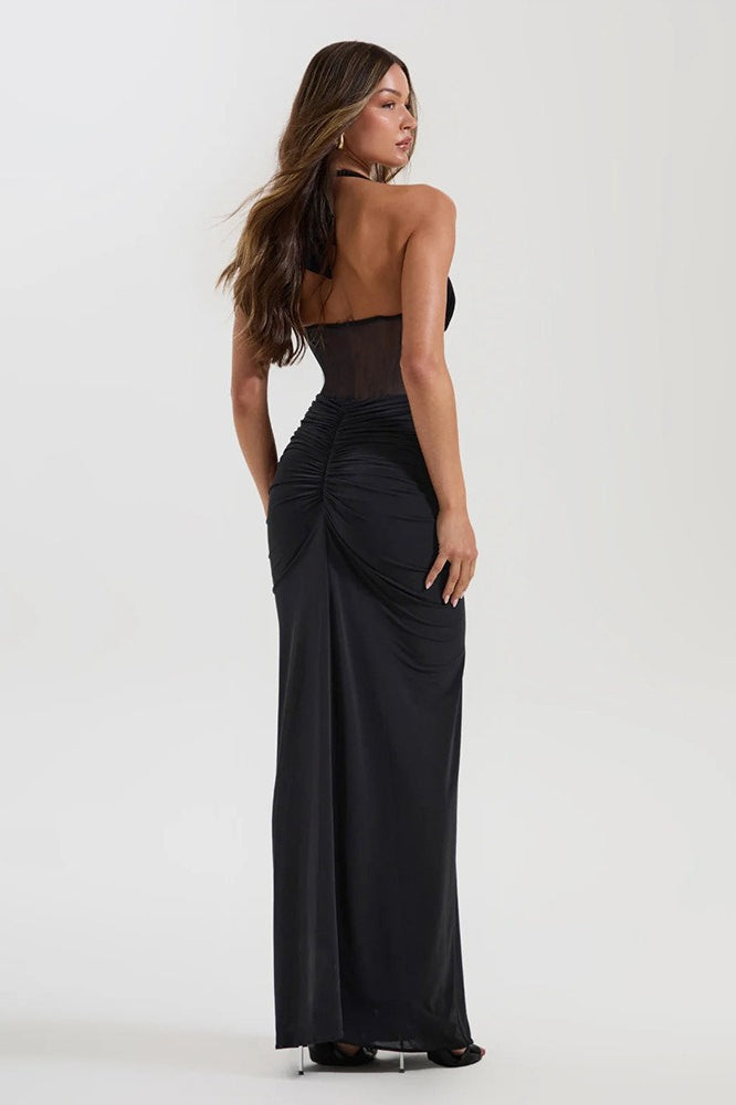 Halter Mesh Panel Maxi Dress