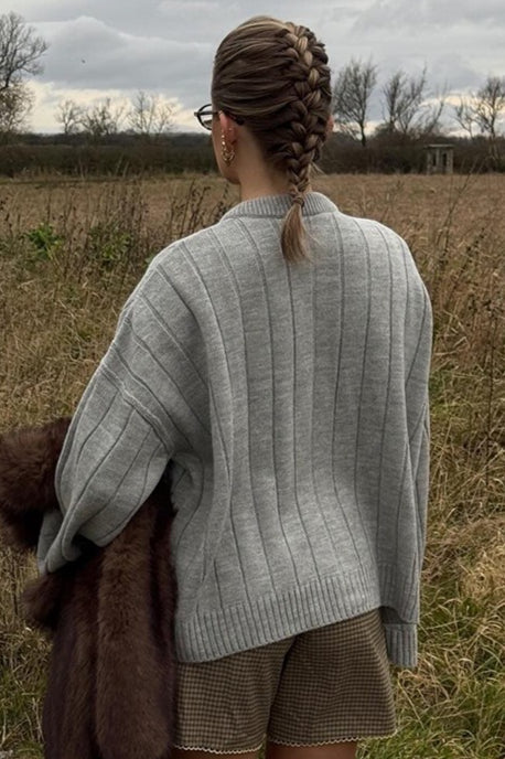 Relaxed Ribbed Button Front Knit Sweater