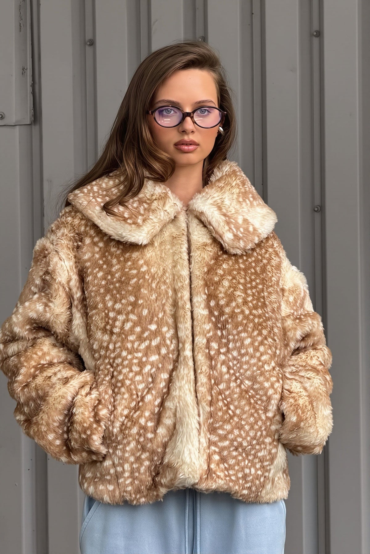 Deer Spot Rounded Collar Faux Fur Coat