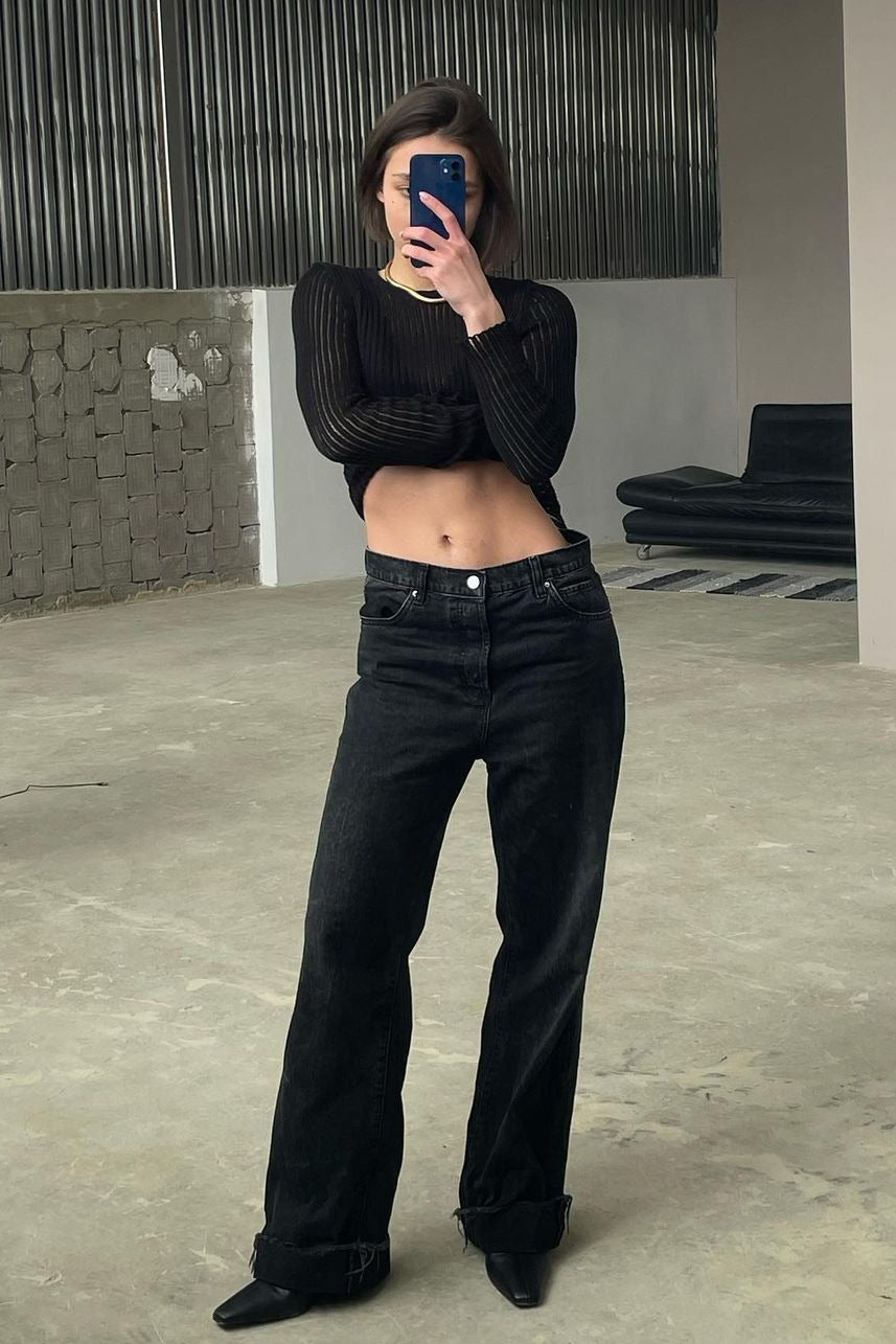 Ribbed Openwork Crew Neck Knit Sweater