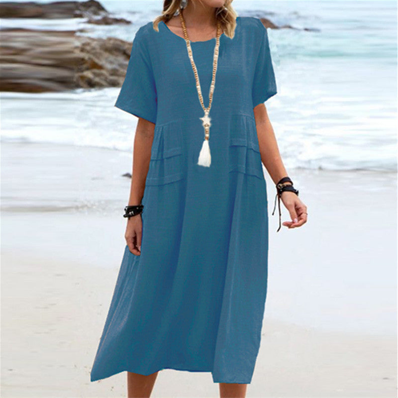Robe midi ample femme en coton lin respirant à manches courtes