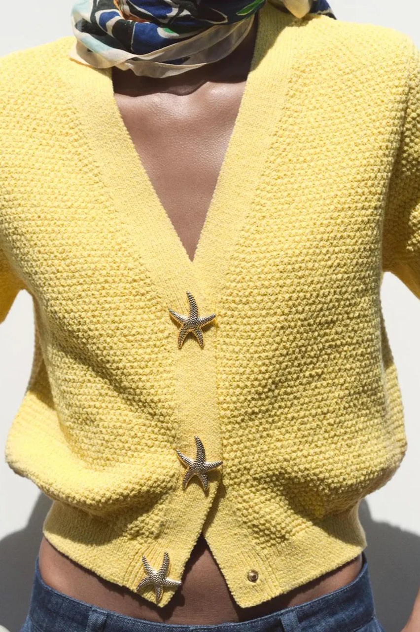 Short Sleeve Starfish Button Knit Cardigan
