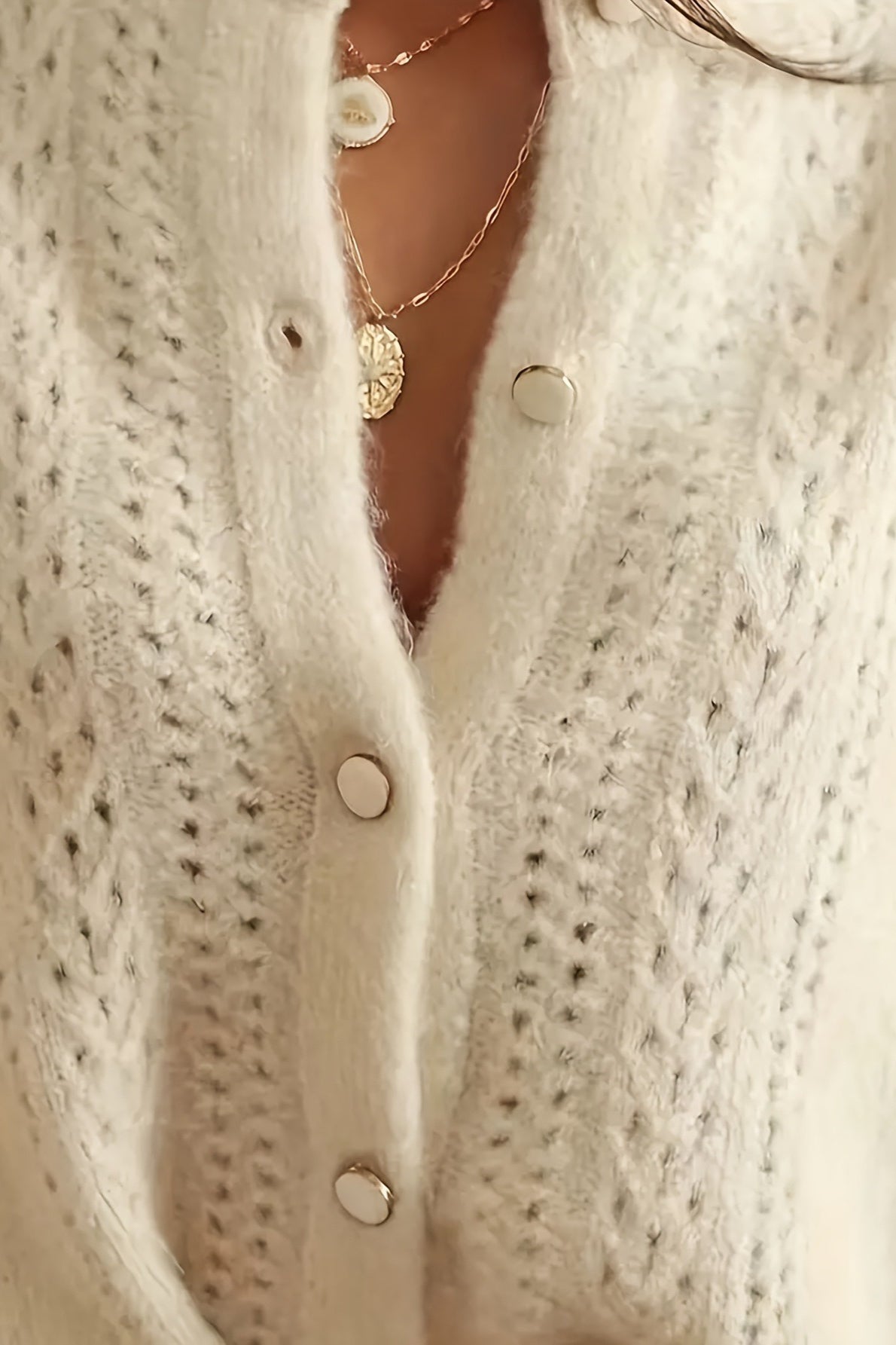 Openwork Round Neck Button Cardigan
