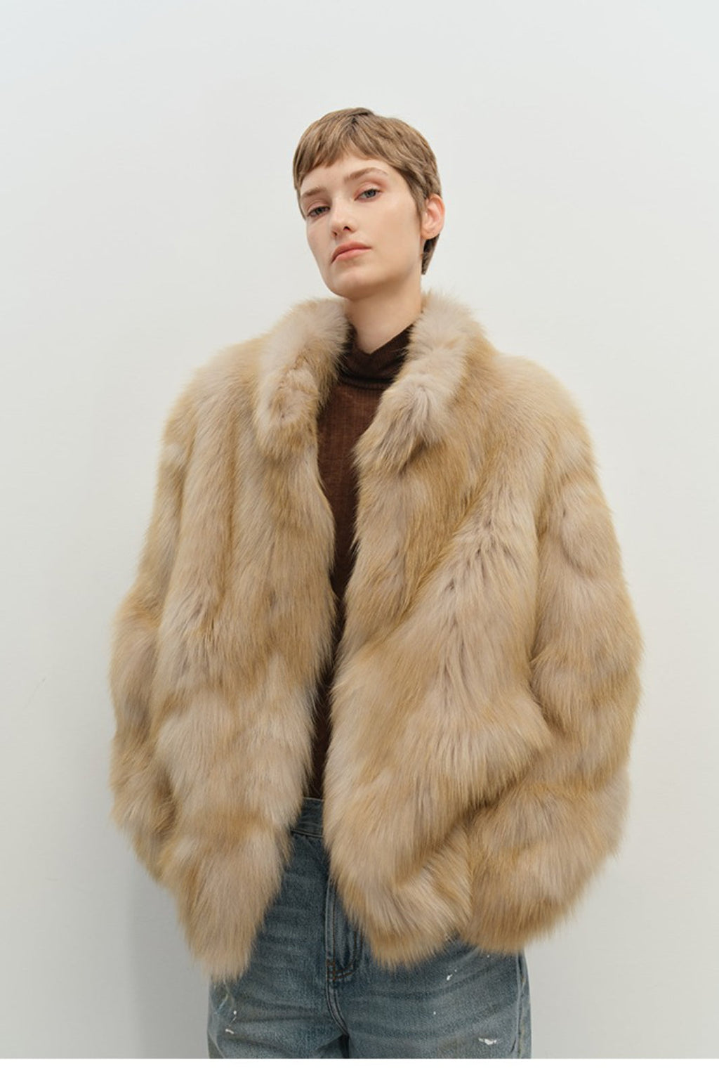 Minimalist Mid-Length Faux Fur Stand Collar Coat