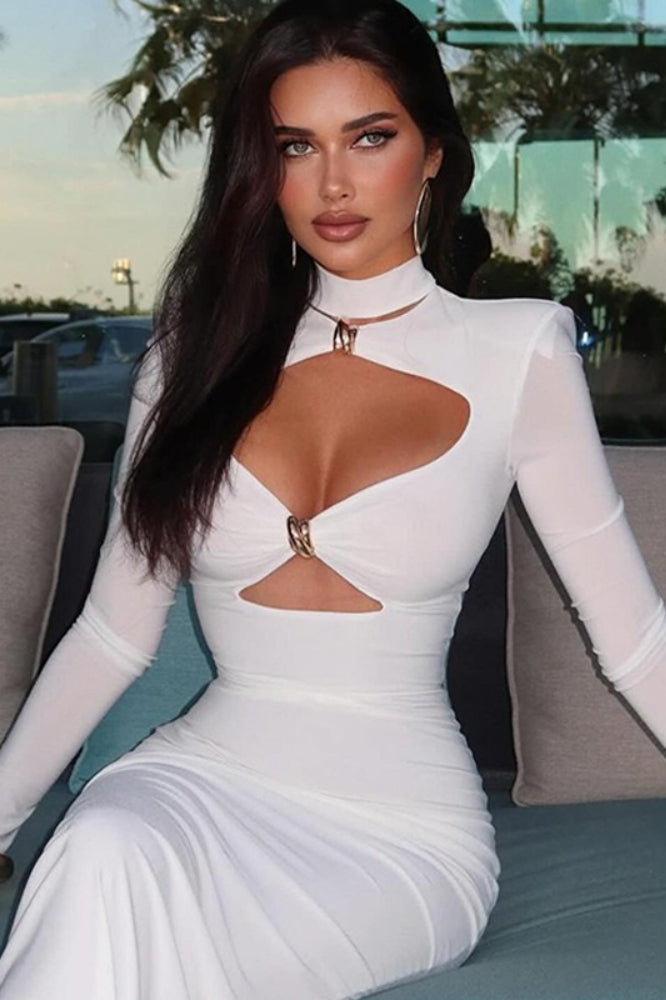 Solid Elegant Minimalist Cutout Metal Embellished Fitted Maxi Dress