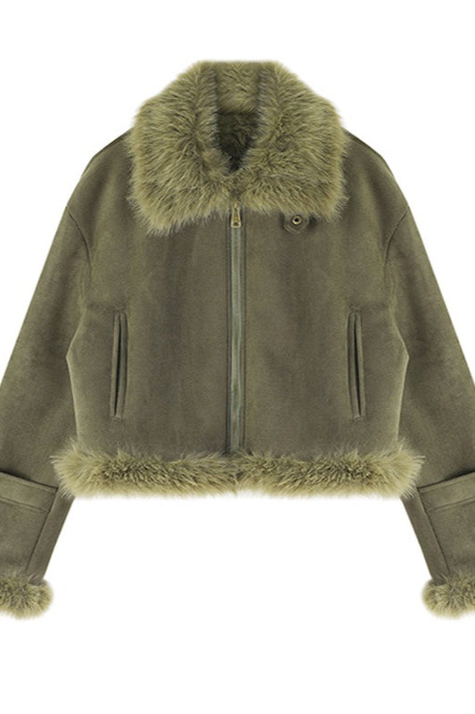 Oversized Fur Collar Suede Look Coat
