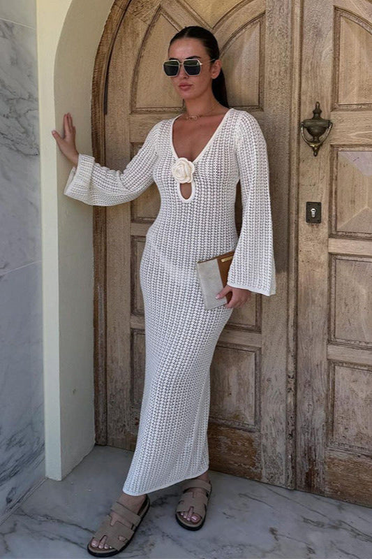 V Neck Backless Knit Beach Maxi Dress