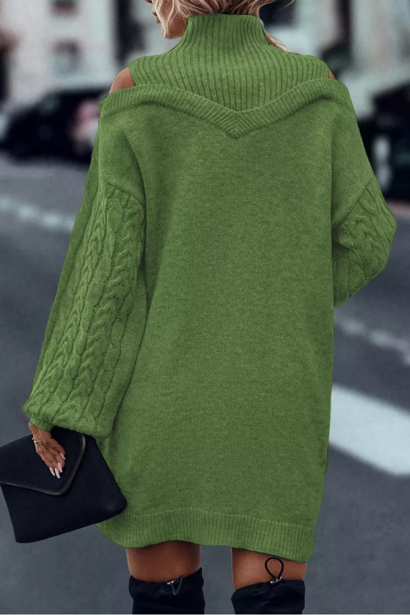 Cold Shoulder Turtleneck Balloon Sleeve Knit Sweater