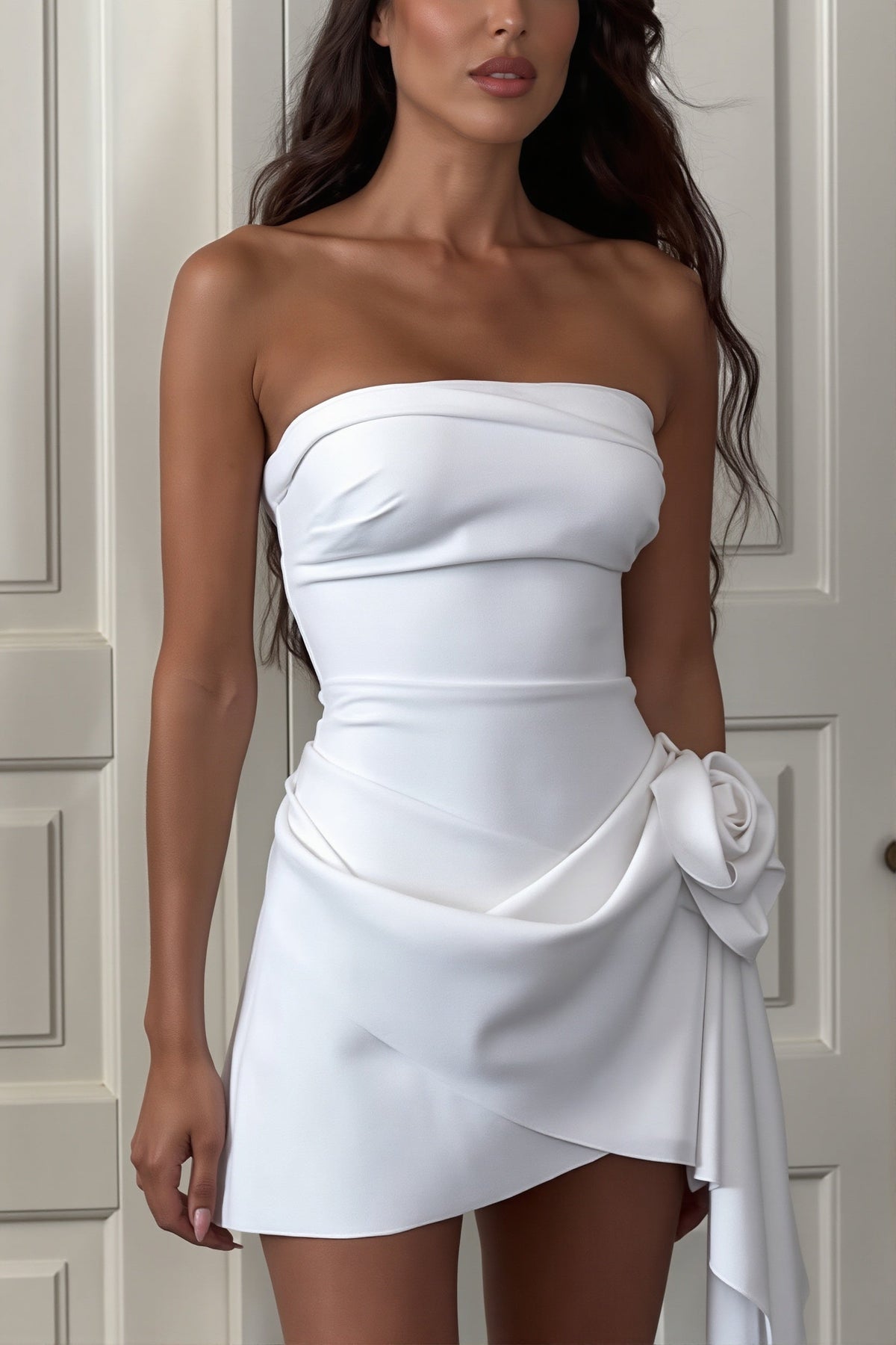 Rosette Draped Strapless Satin Mini Dress