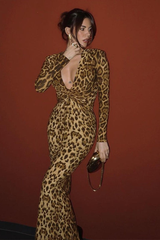 Sexy Leopard Print Knot Long Sleeve Maxi Dress