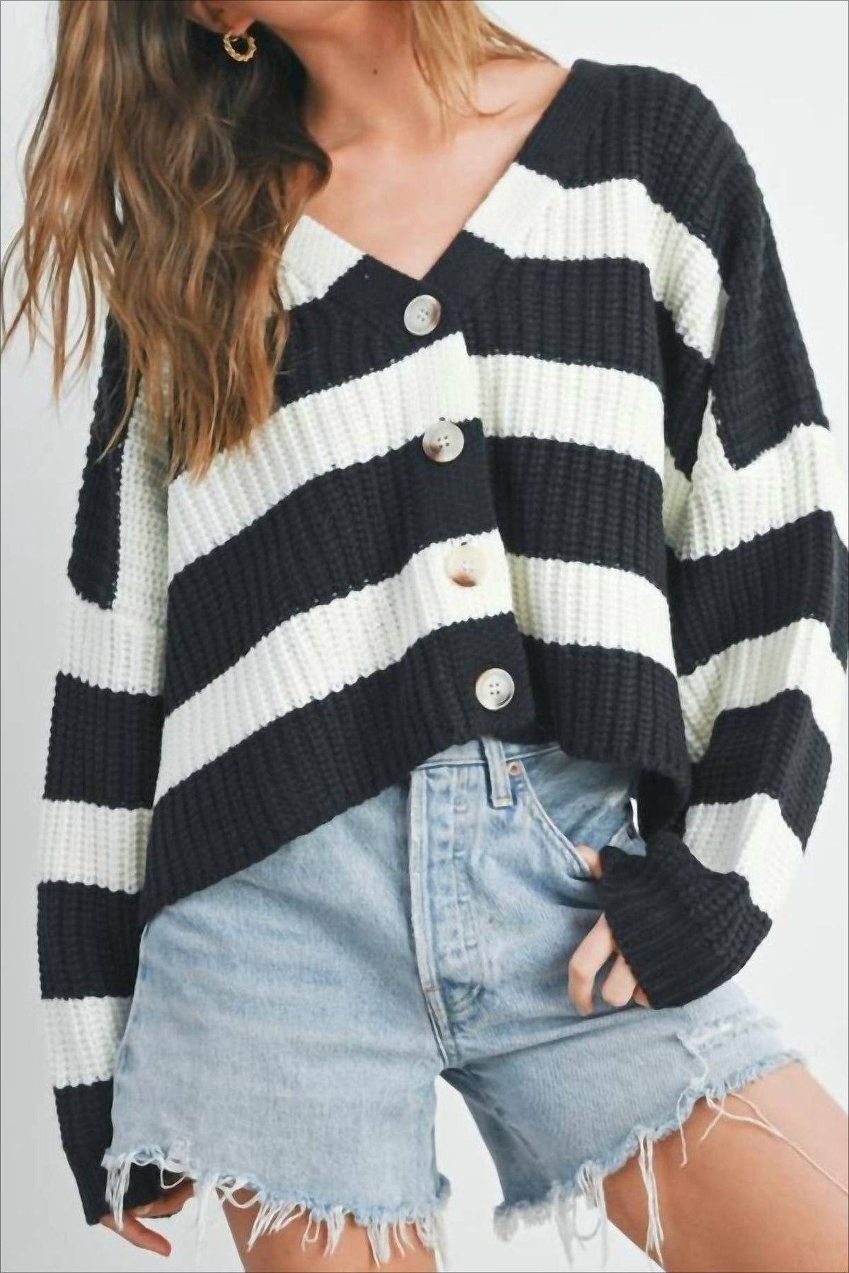 Loose Stripe V Neck Long Sleeve Knit Cardigan
