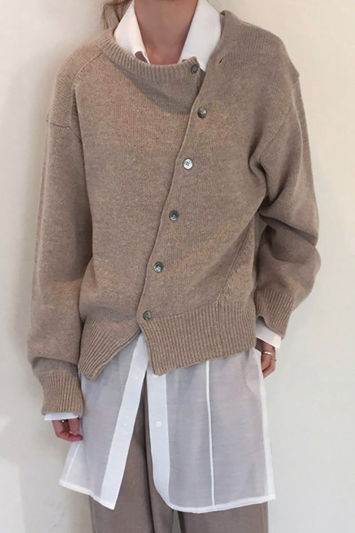 Asymmetrical Button Round Neck Knit Sweater