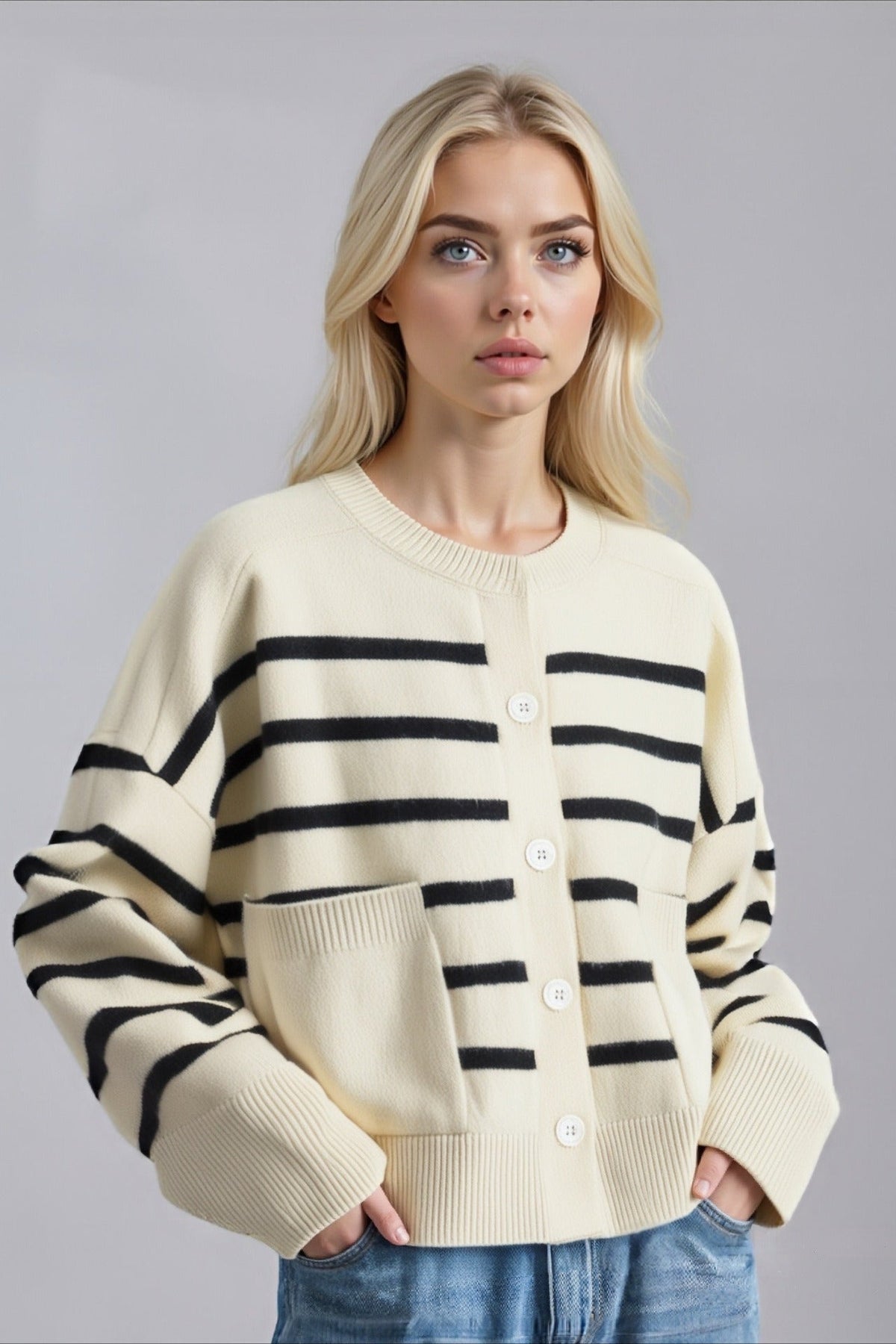 Crew Neck Striped Button Pocket Knit Cardigan