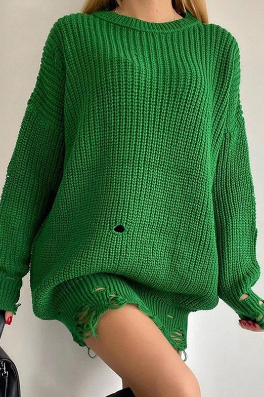Distressed Longline Crew Neck Sweater
