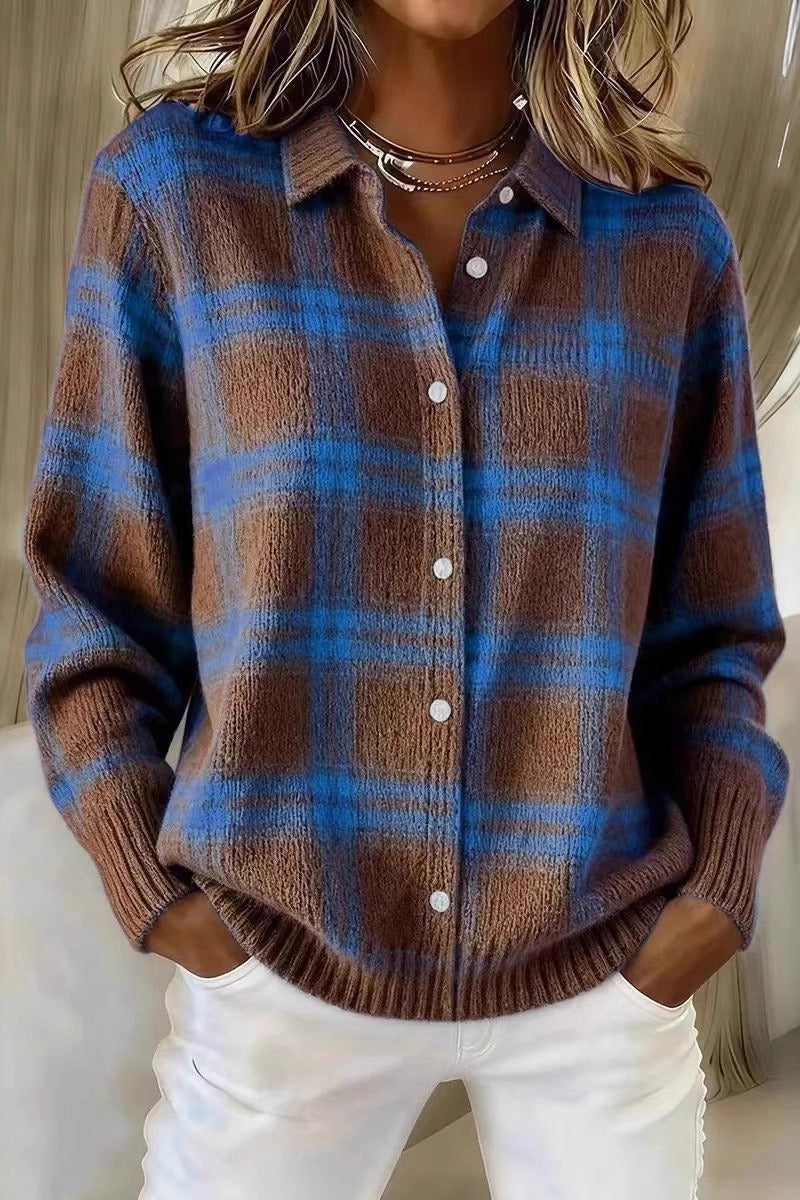 Plaid Collared Button Front Knit Cardigan