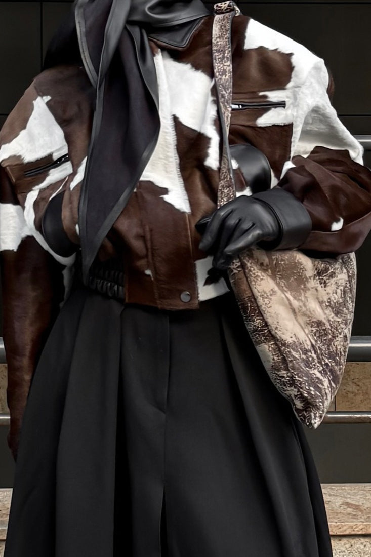 Cow Print Faux Leather Notch Collar Coat