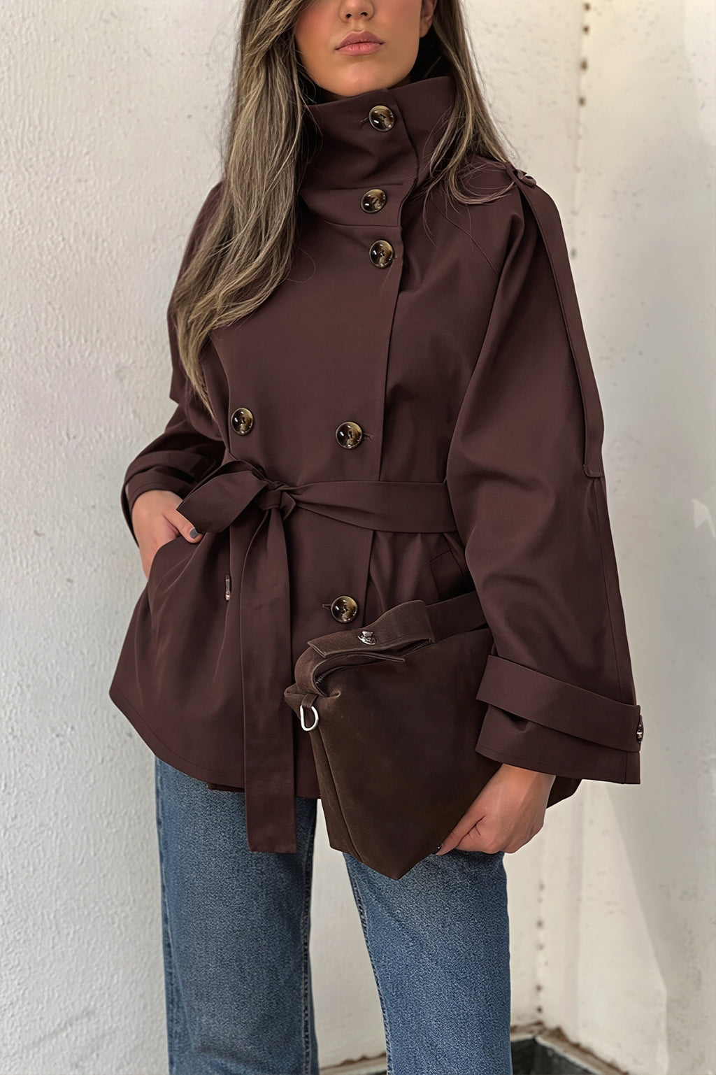 Shoulder Tie High Neck Belted Trench Coat