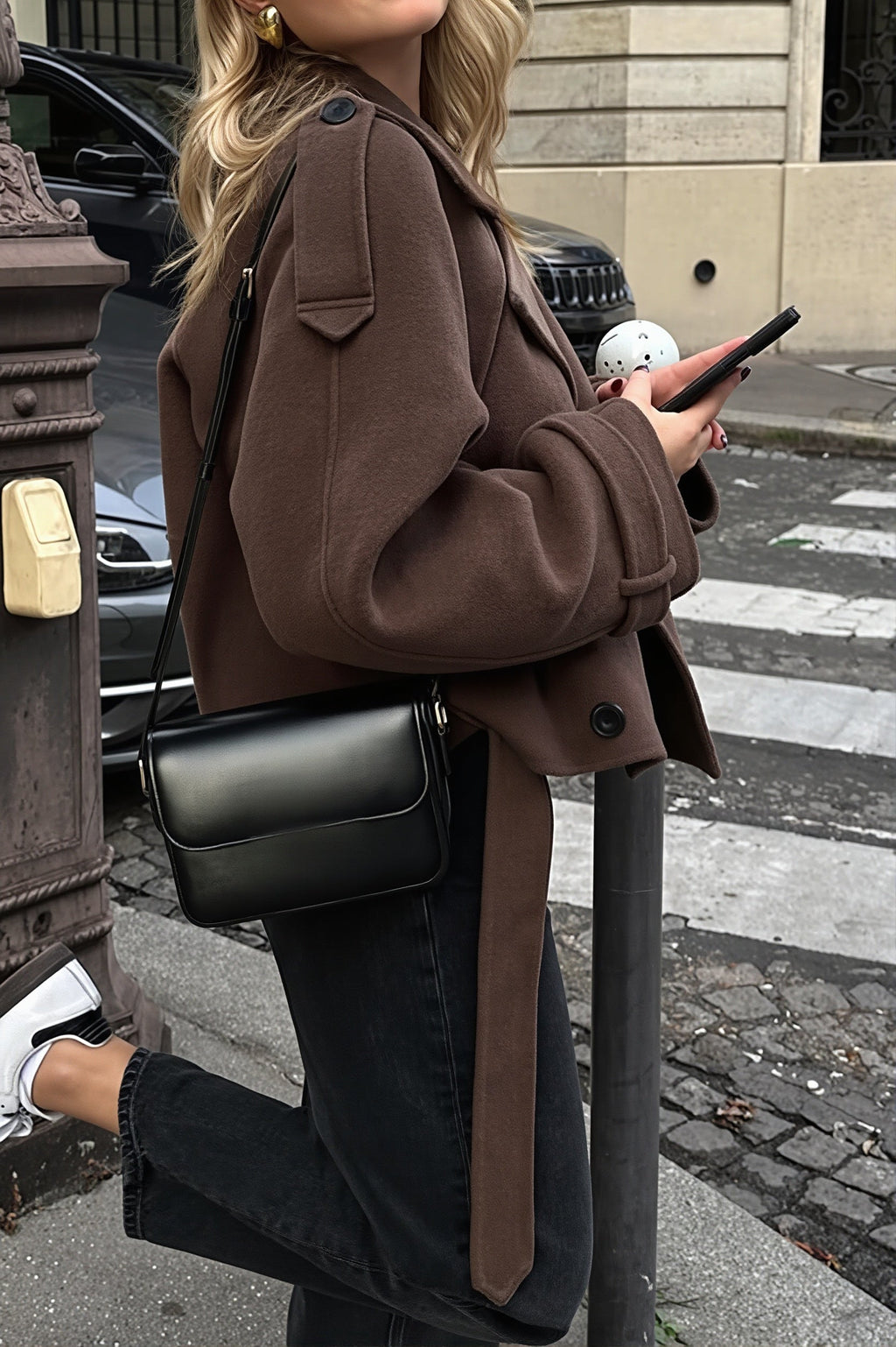 Wool Look Belted Double Breasted Coat