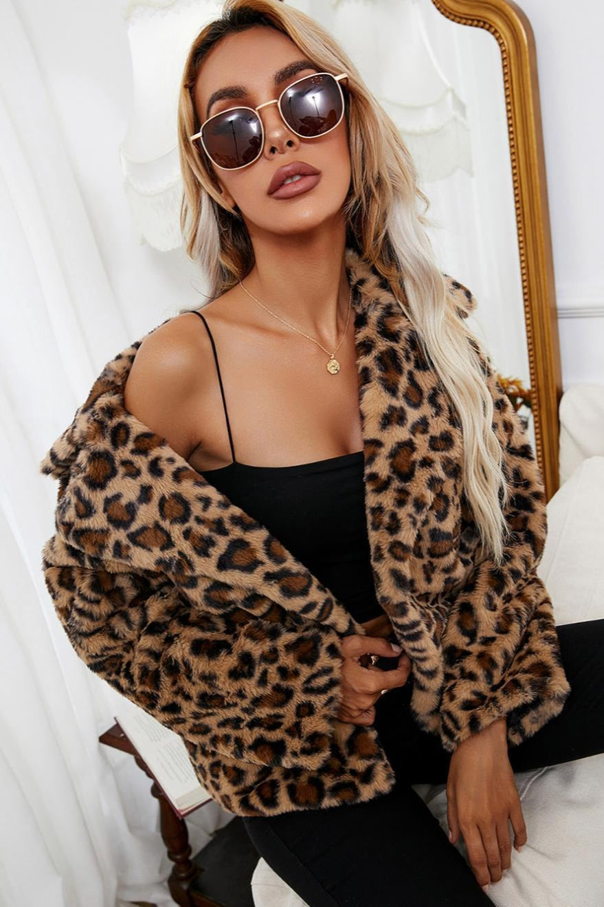 Fleece Leopard Zebra Print Notch Collar Coat