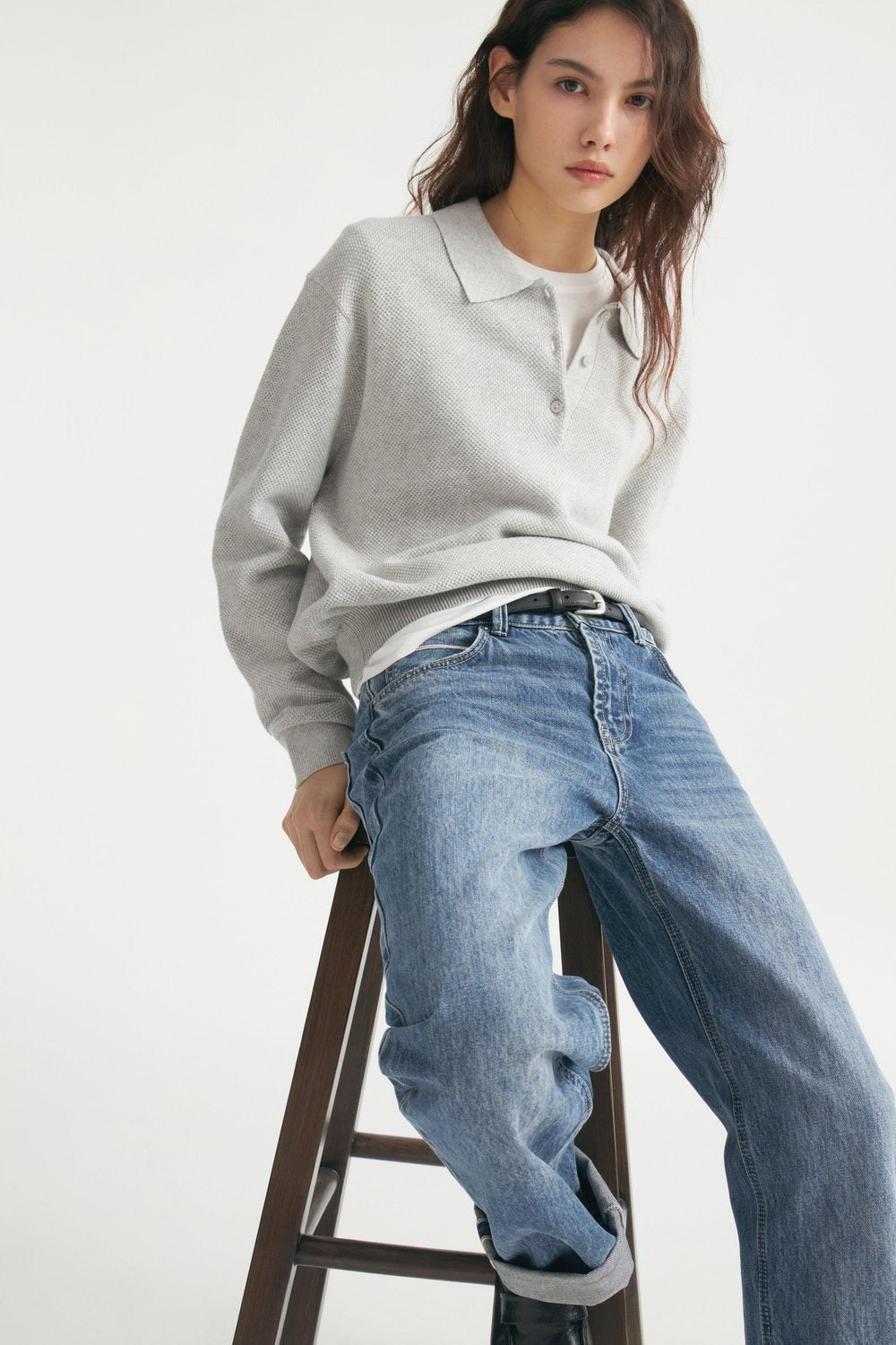 Polo Collar Button Placket Knit Sweater