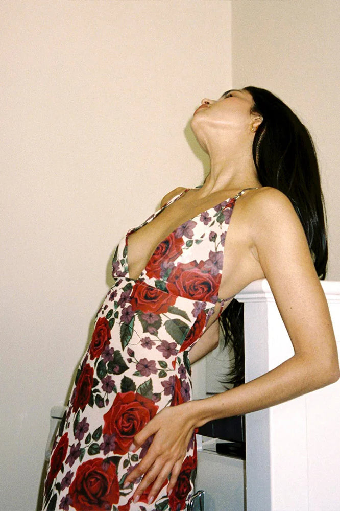 Printed Spaghetti Strap Backless Slim Maxi Dress