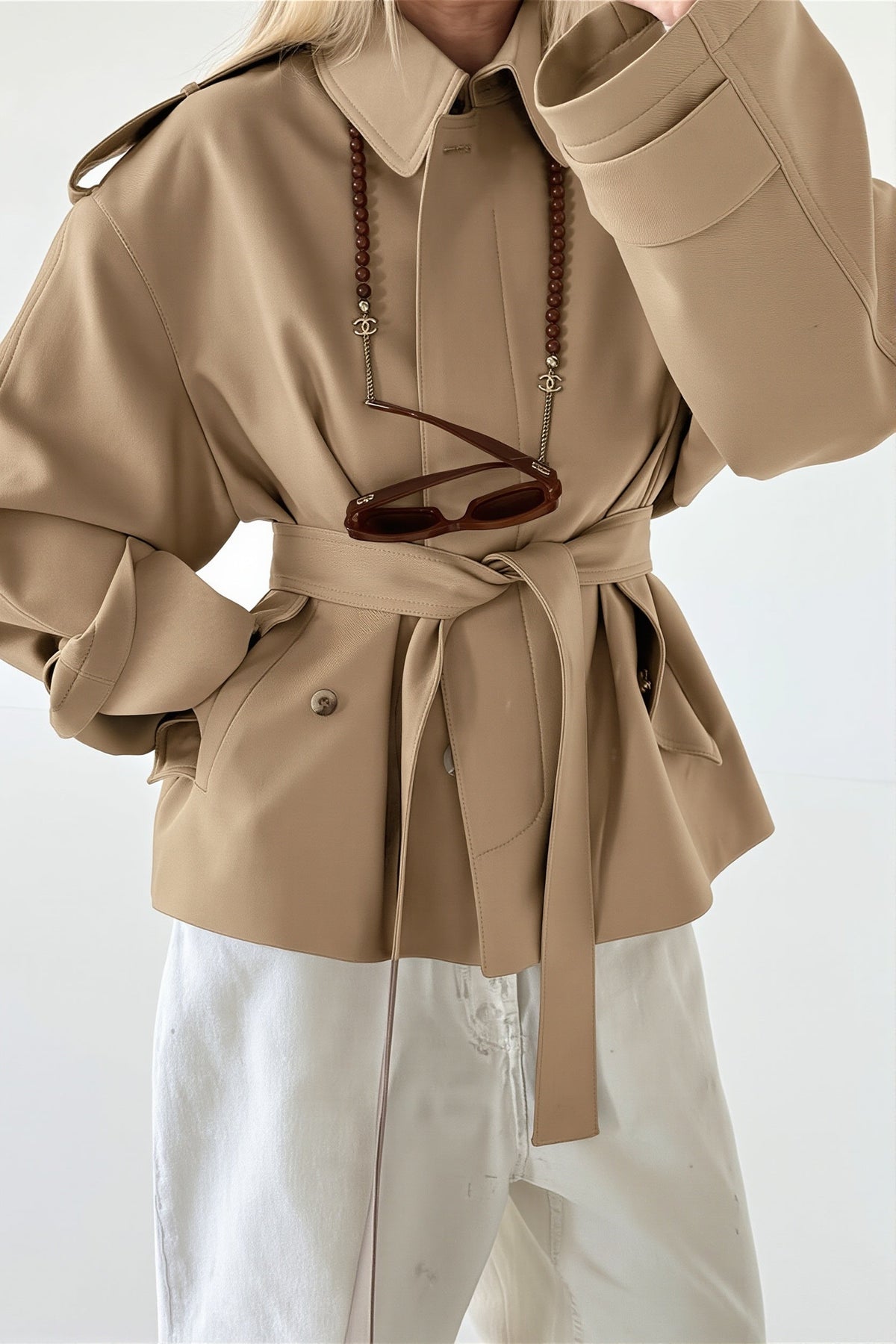 Point Collar Belted Short Trench Coat