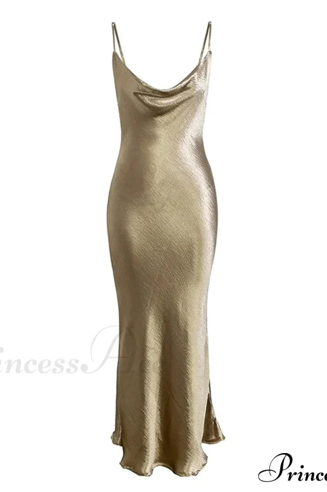 Classy Cowl Neck Tie String Classic Silky Slip Maxi Dress