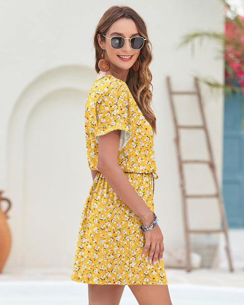 Adelaida  Robe Courte Femme Été – Robe Col V avec Boutons, Ceinture Nouée & Poches Casual