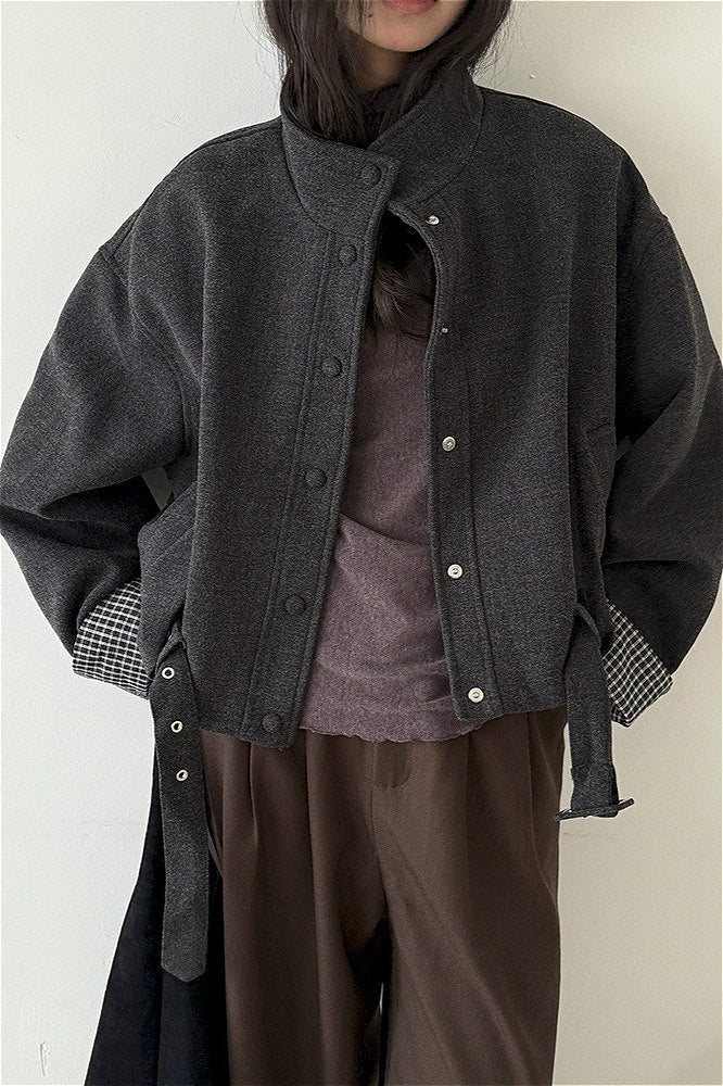 Short Cuffed Check Pieced Stand Collar Wool Coat