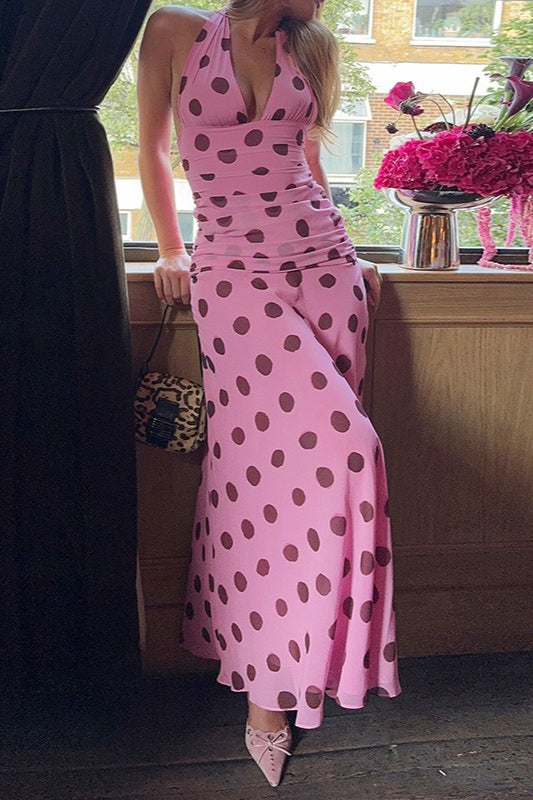 Vintage Polka Dot Halter V-neck Maxi Dress