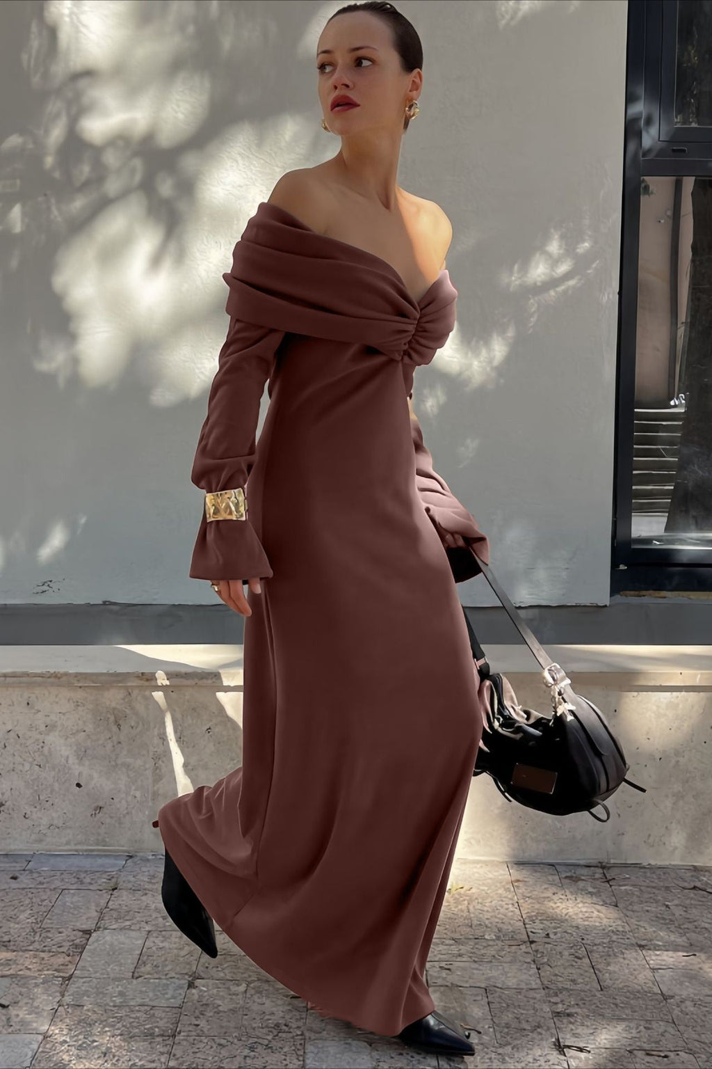 High-End Ruched Knit Maxi Dress