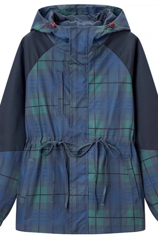 Plaid Hooded Drawstring Waist Coat