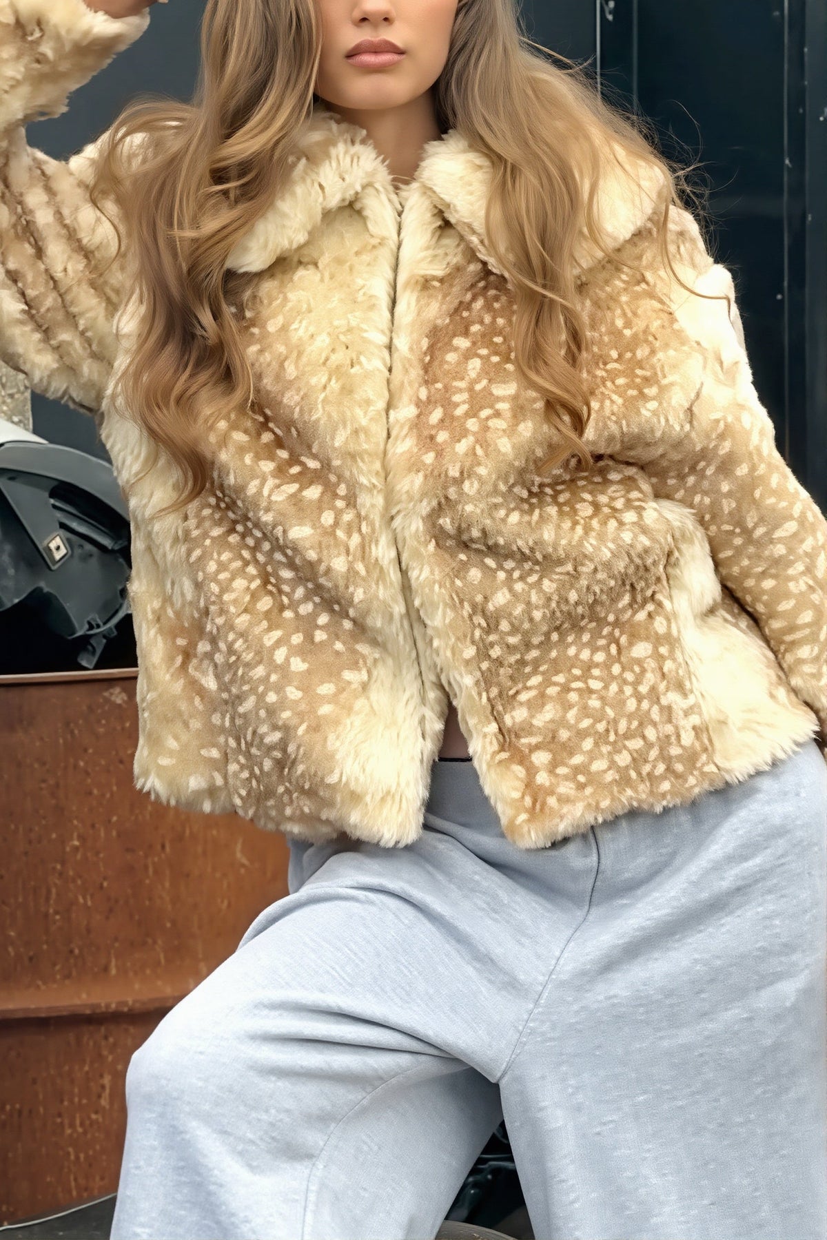 Deer Spot Rounded Collar Faux Fur Coat
