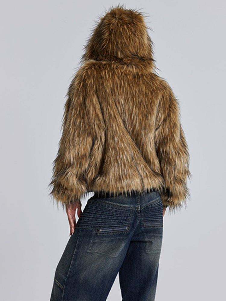 Metal Button Zipper Fur Leather Panel Loose Coat