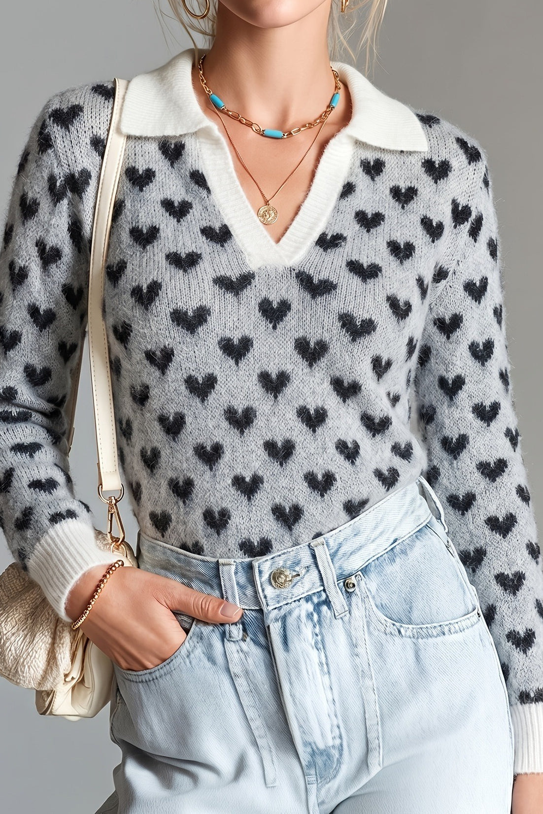 Heart Jacquard Collared Knit Sweater